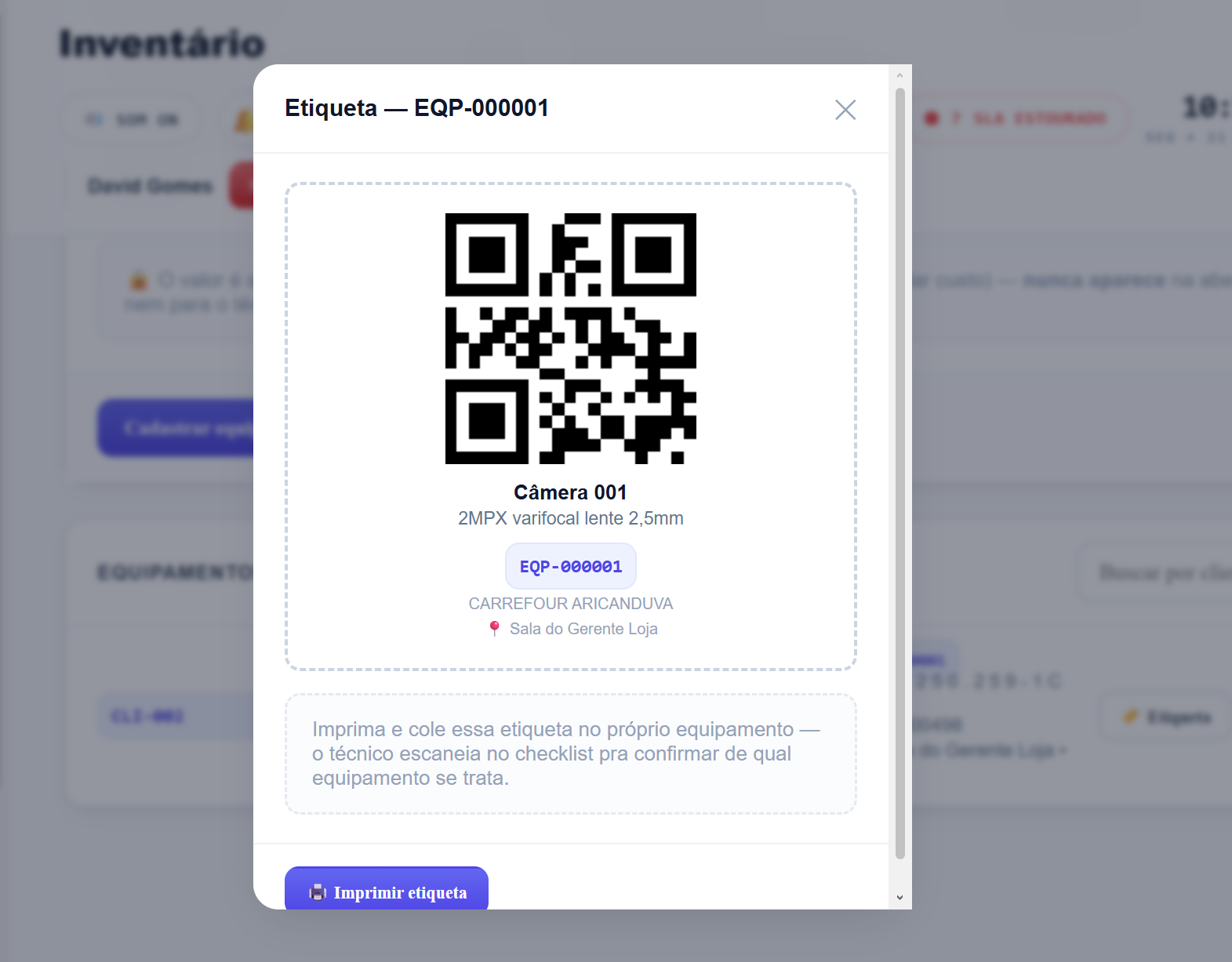 Etiqueta de QR Code gerada para um equipamento do inventário, pronta pra imprimir e colar